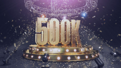 Como ganhar 500 mil reais: Celebração de 500 mil seguidores. Número 1M no palco com holofotes e confetes. Ilustração 3D